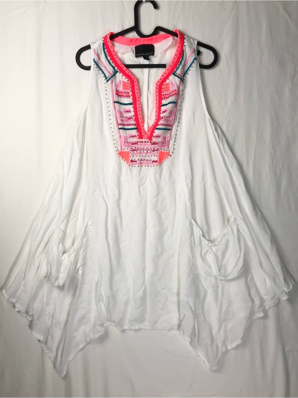 Cynthia Rowley Boho Embroidered Swim Coverup Tunic Dress Pockets *Flaw
